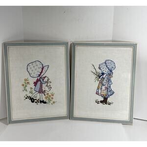 2 Holly Hobbie Needle Work Framed HAND Stitch SET Handcrafted Art 1970’s 21”x17”